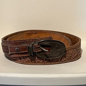 Vintage VOGT Hand Tooled Leather Belt with Sterling Silver Buckle